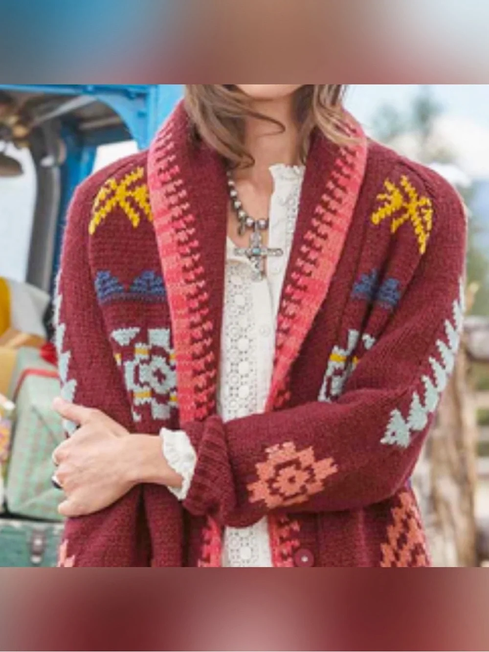 Rare Sundance Tayen Sweater Coat Cozy Burgundy Boho Patterned Size LP